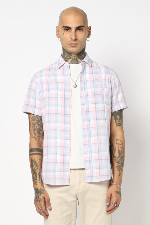 PINK CHECKERED HALF SLEEVE SHIRT