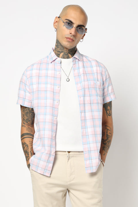 PINK CHECKERED HALF SLEEVE SHIRT
