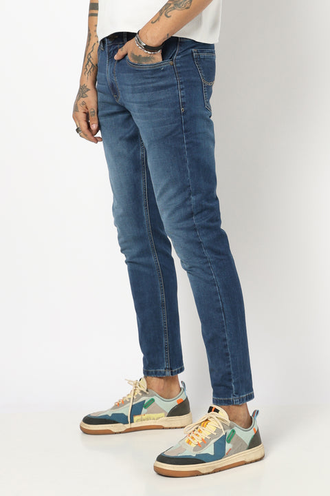 DARK BLUE PLAIN ANKLE FIT JEANS