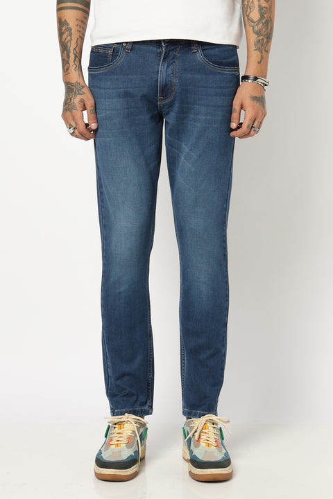 DARK BLUE PLAIN ANKLE FIT JEANS