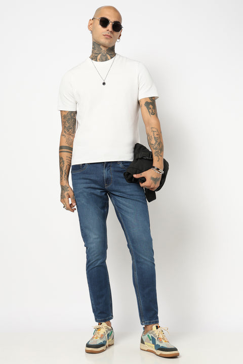 DARK BLUE PLAIN ANKLE FIT JEANS