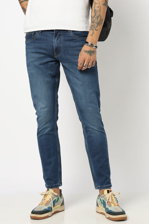 DARK BLUE PLAIN ANKLE FIT JEANS