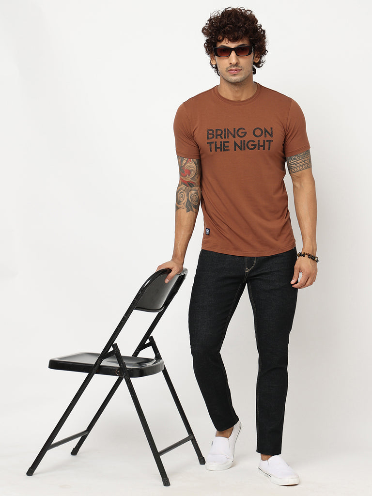 Brown Printed Cotton T-shirt