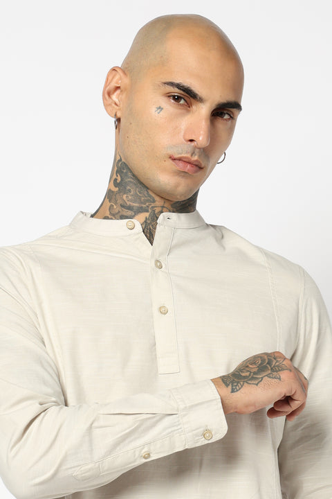 OFF WHITE SOLID FULL SLEEVE TAILORED FIT KURTA
