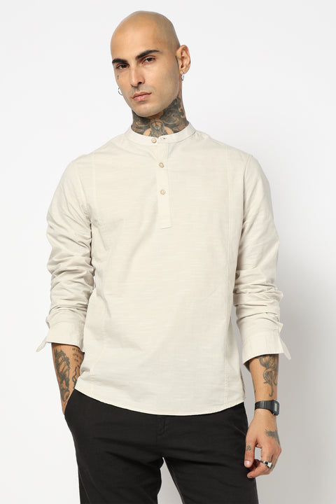 OFF WHITE SOLID FULL SLEEVE TAILORED FIT KURTA