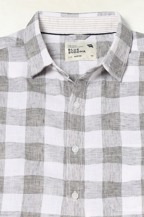 LIGHT GREY BUFFALO CHECKERED HALF SLEEVE LINEN SHIRT