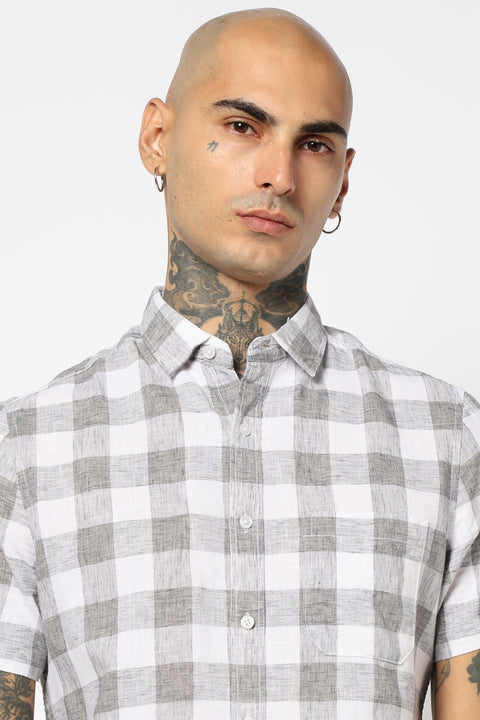 LIGHT GREY BUFFALO CHECKERED HALF SLEEVE LINEN SHIRT