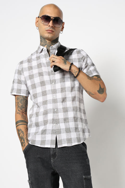 LIGHT GREY BUFFALO CHECKERED HALF SLEEVE LINEN SHIRT