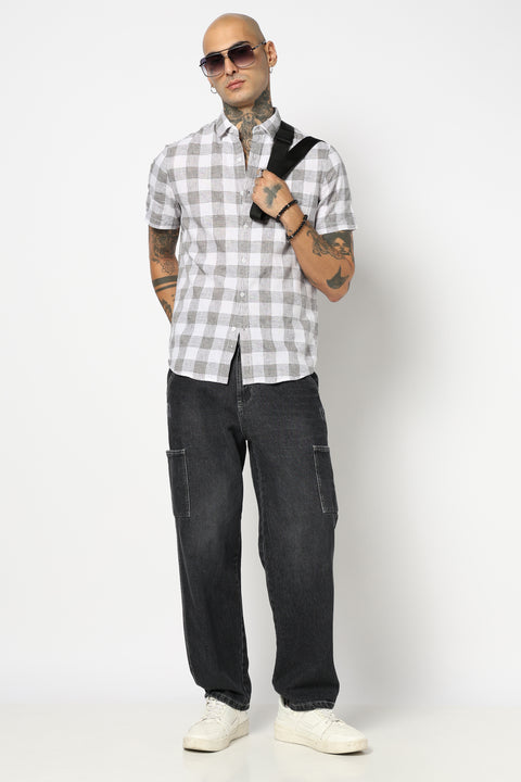 LIGHT GREY BUFFALO CHECKERED HALF SLEEVE LINEN SHIRT