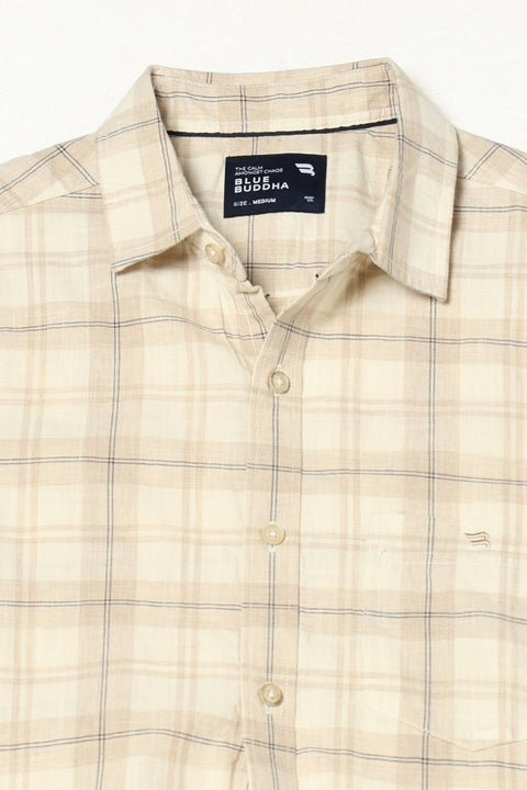 BEIGE CHECKERED HALF SLEEVE COTTON SLUB SHIRT-Shirts - 250731667