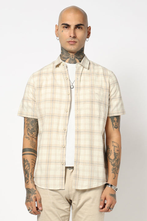 BEIGE CHECKERED HALF SLEEVE COTTON SLUB SHIRT-Shirts - 250731667