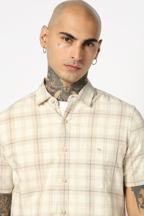 BEIGE CHECKERED HALF SLEEVE COTTON SLUB SHIRT-Shirts - 250731667