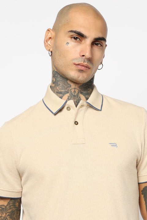 BEIGE PLAIN HALF SLEEVE POLO - T Shirt - 2506301298