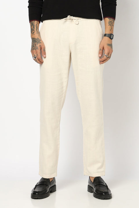 BEIGE PLAIN TRAVELLER FIT COTTON MENS TROUSER - Trousers - 250840974