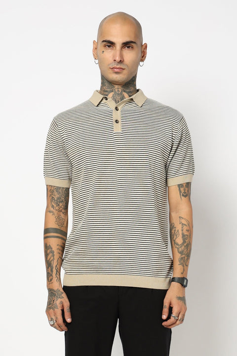 BEIGE STRIPED FLATKNIT POLO - T Shirt - 250830667