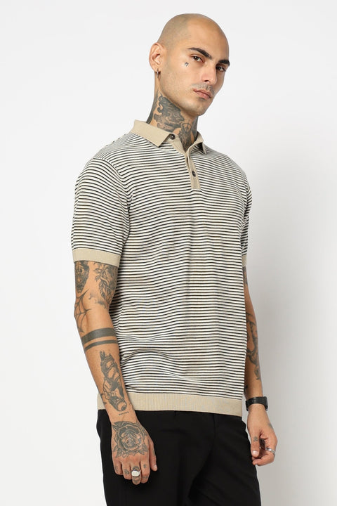 BEIGE STRIPED FLATKNIT POLO - T Shirt - 250830667