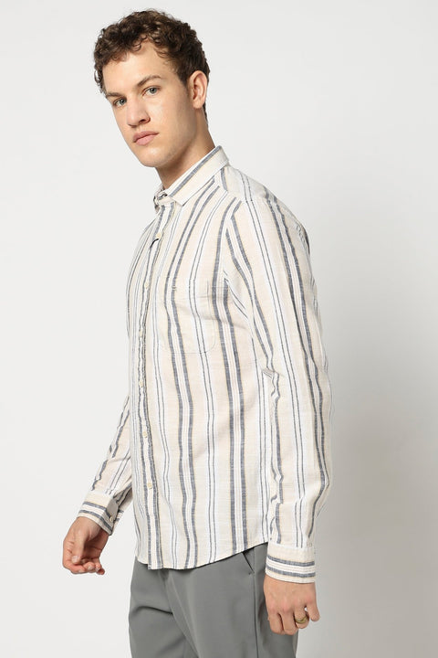 Beige Striped Tailored Fit Shirt - Shirt - 250331063