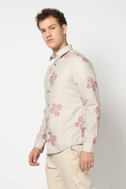 Beige Tailored Fit Floral Shirt - Shirts - 250230543