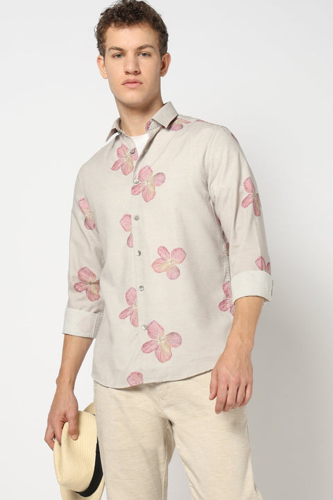 Beige Tailored Fit Floral Shirt - Shirts - 250230543