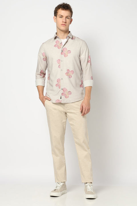 Beige Tailored Fit Floral Shirt - Shirts - 250230543