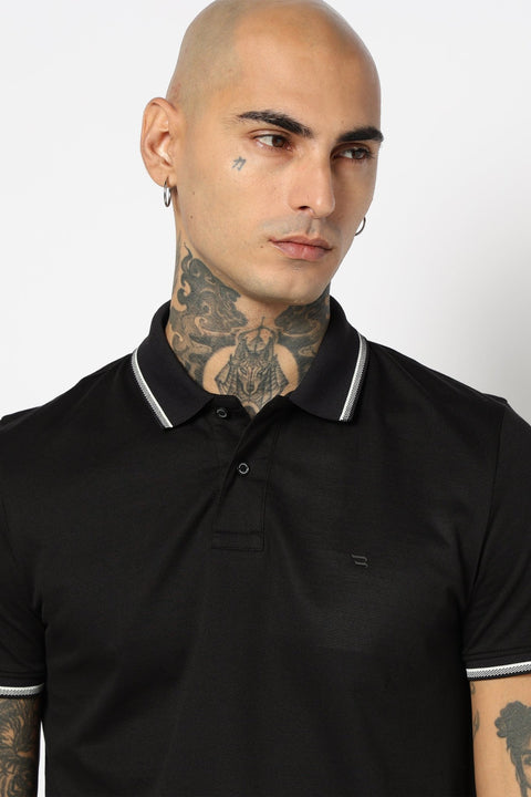BLACK SOLID TIPPED COLLAR POLO - T Shirt - 2411301024