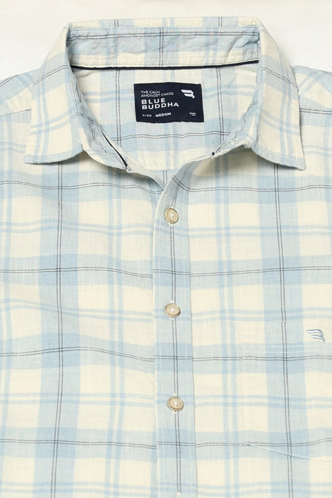 BLUE CHECKERED HALF SLEEVE COTTON SLUB SHIRT-Shirt - 250731662