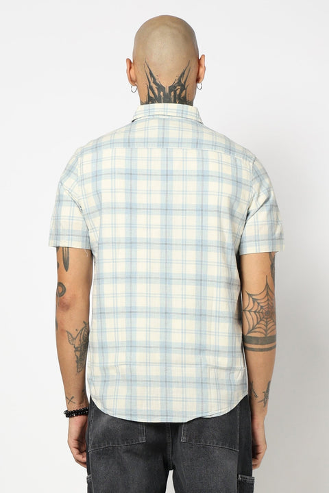 BLUE CHECKERED HALF SLEEVE COTTON SLUB SHIRT-Shirt - 250731662