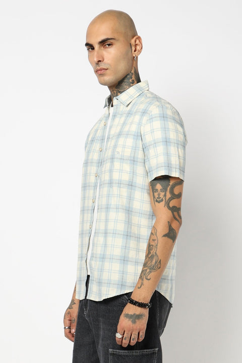 BLUE CHECKERED HALF SLEEVE COTTON SLUB SHIRT-Shirt - 250731662