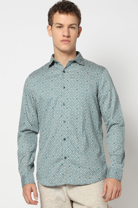 Blue Geometric Printed Satin Shirt - Shirts - 241230187