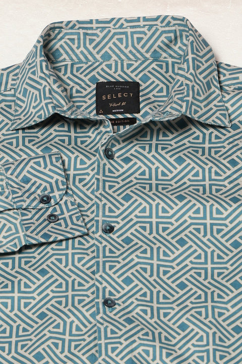 Blue Geometric Printed Satin Shirt - Shirts - 241230187