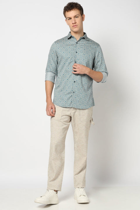 Blue Geometric Printed Satin Shirt - Shirts - 241230187