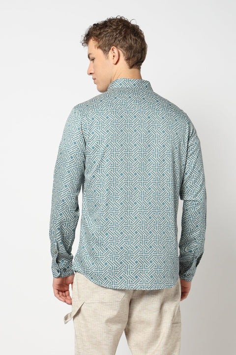Blue Geometric Printed Satin Shirt - Shirts - 241230187