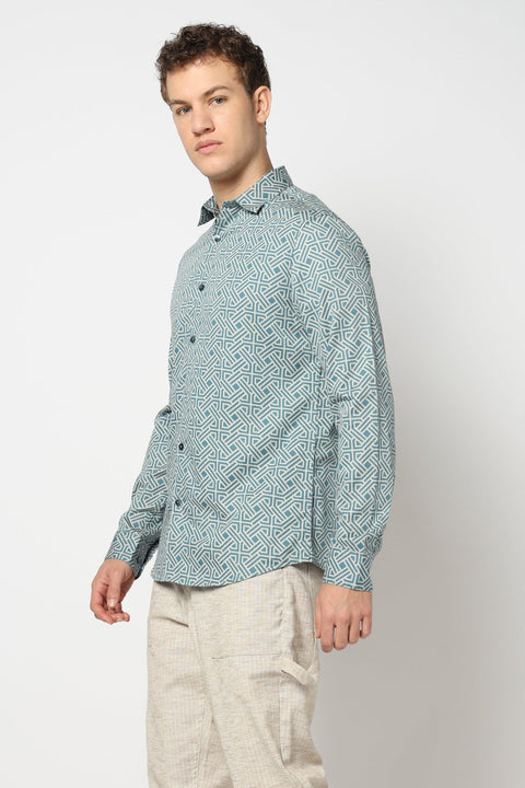 Blue Geometric Printed Satin Shirt - Shirts - 241230187