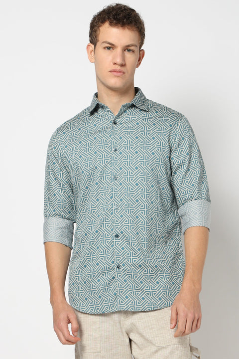 Blue Geometric Printed Satin Shirt - Shirts - 241230187