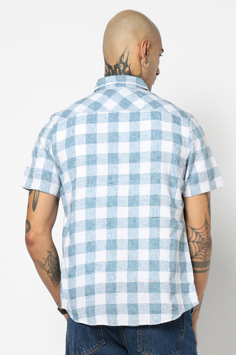 BLUE GINGHAM CHECKERED HALF SLEEVE SHIRT-Shirts - 250631457