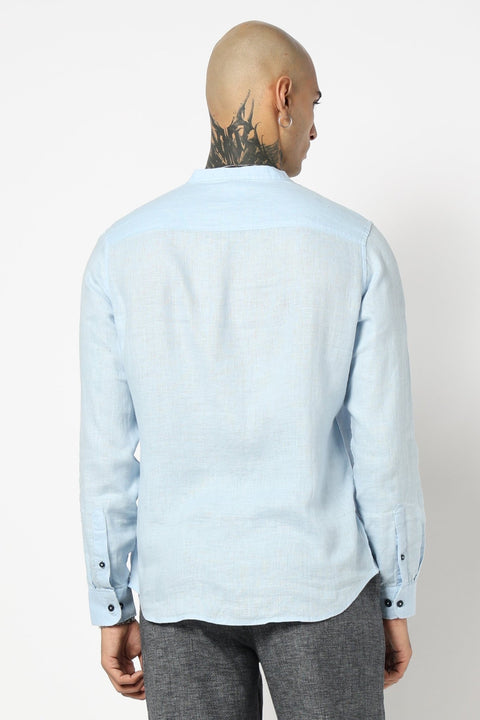 BLUE PLAIN MANDARIN COLLAR SHIRT-Shirts - 250531243