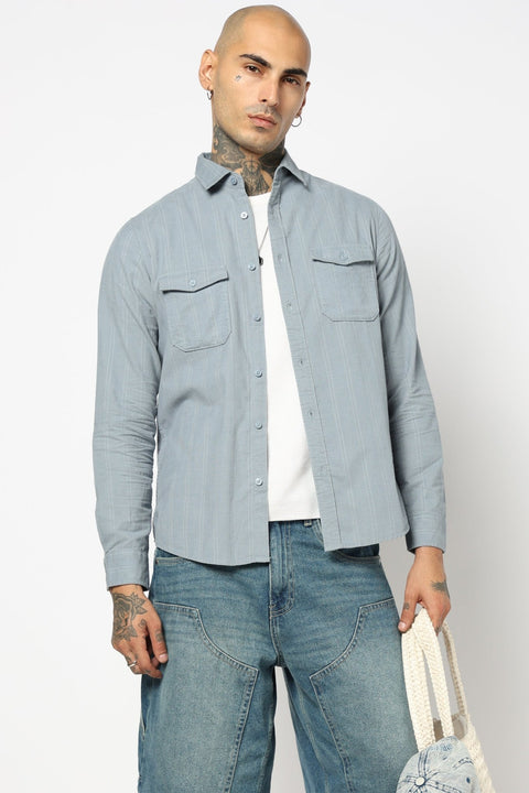 BLUE STRIPED DOUBLE POCKET UTILITY SHIRT-Shirt - 241129577