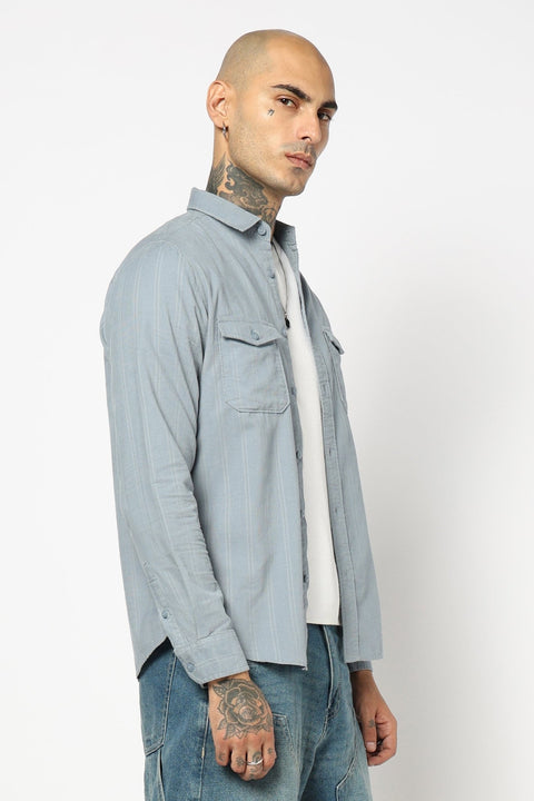 BLUE STRIPED DOUBLE POCKET UTILITY SHIRT-Shirt - 241129577