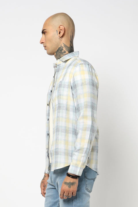 BLUE TARTAN CHECKERED LINEN BLEND SHIRT-Shirts - 250531183