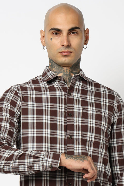 BROWN TARTAN CHECKERED COTTON FULL SLEEVE SHIRT-Shirt - 250731971