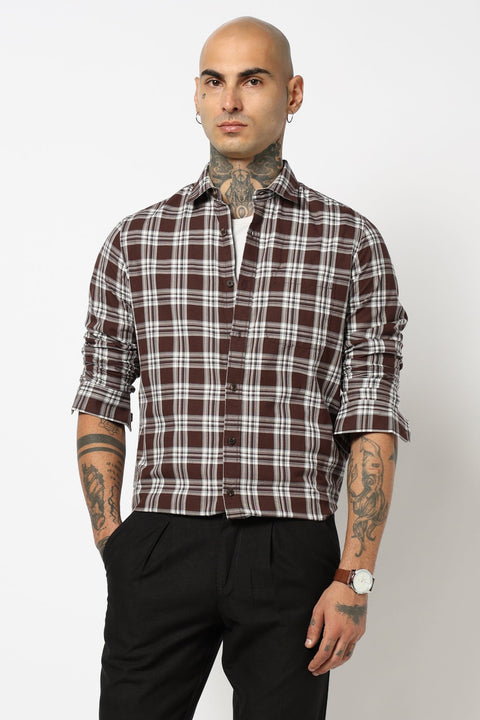 BROWN TARTAN CHECKERED COTTON FULL SLEEVE SHIRT-Shirt - 250731971