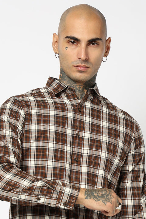 BROWN TARTAN CHECKERED COTTON SHIRT-Shirt - 250832106