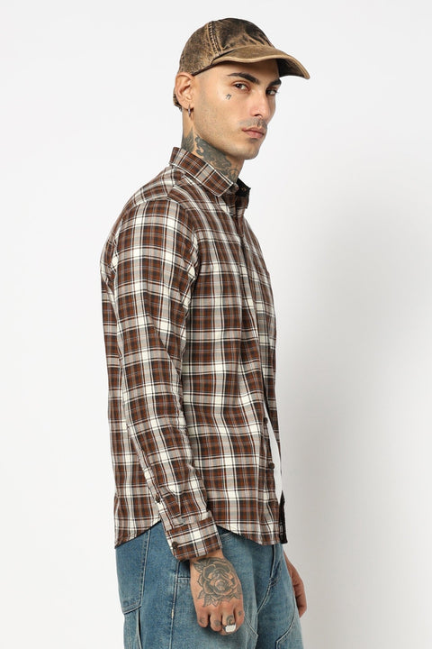 BROWN TARTAN CHECKERED COTTON SHIRT-Shirt - 250832106
