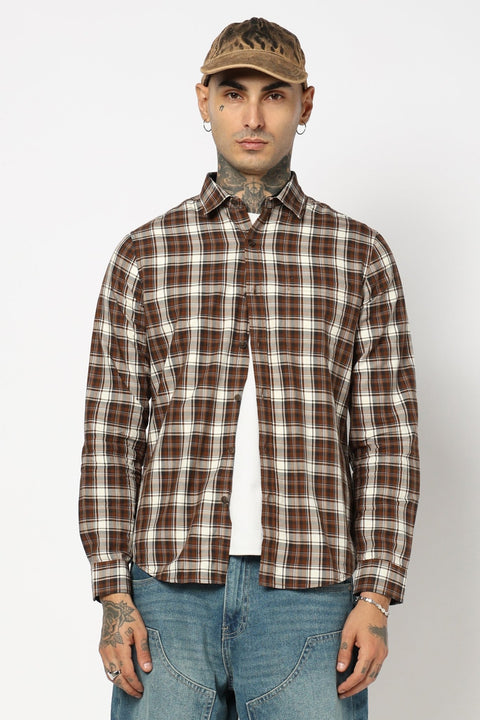 BROWN TARTAN CHECKERED COTTON SHIRT-Shirt - 250832106