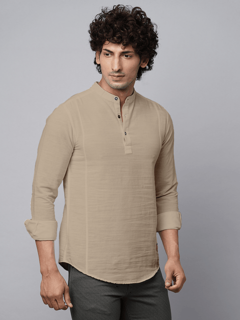 Camel Solid Cotton Shirt Kurta - Kurta - 230725393
