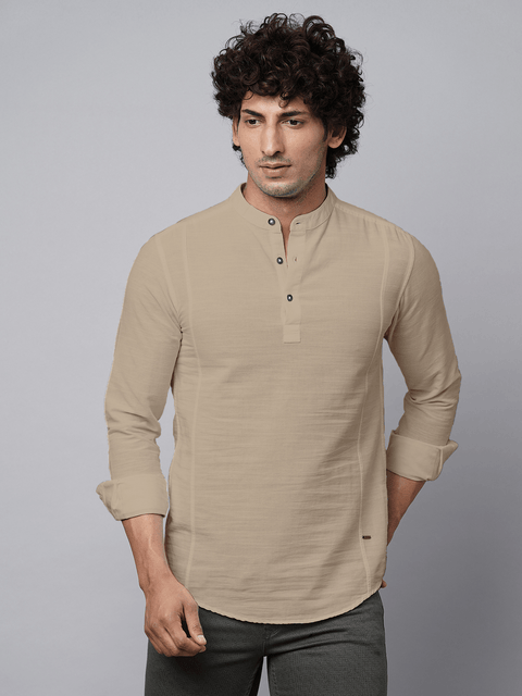 Camel Solid Cotton Shirt Kurta - Kurta - 230725393