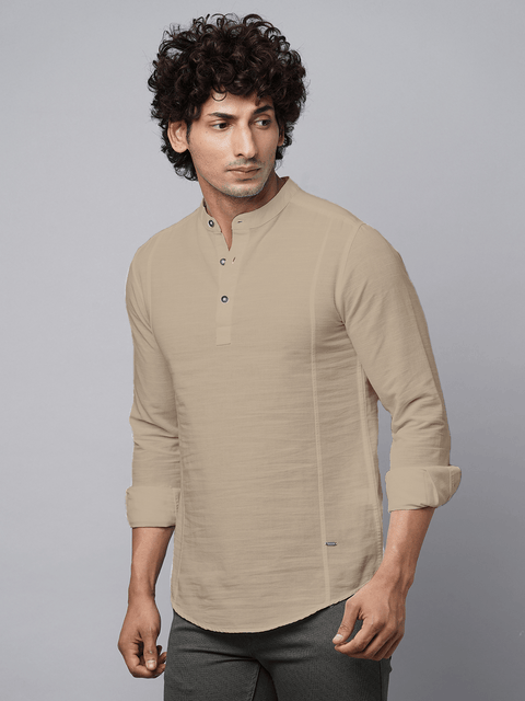 Camel Solid Cotton Shirt Kurta - Kurta - 230725393