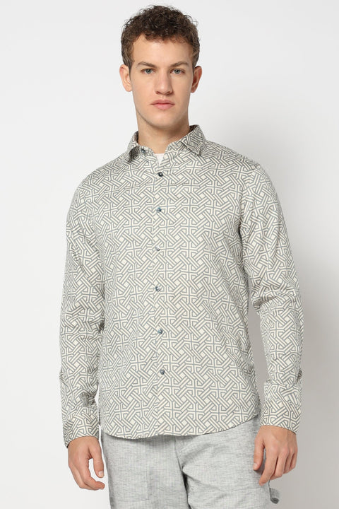 Cream Geometric Printed Satin Shirt - Shirts - 241029289
