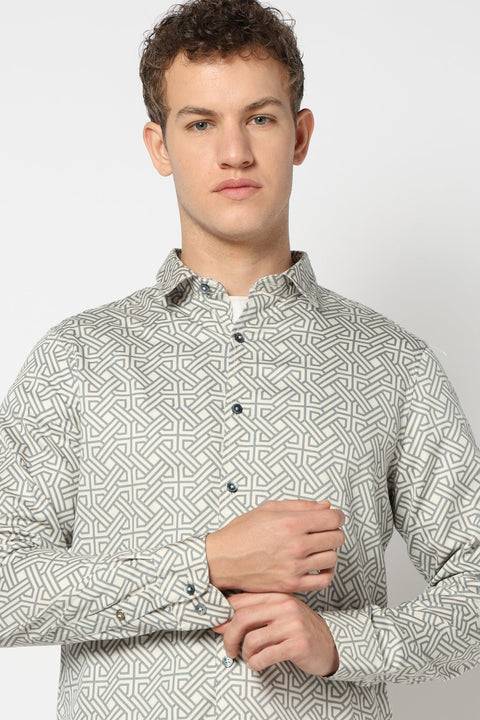 Cream Geometric Printed Satin Shirt - Shirts - 241029289