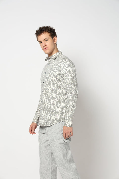 Cream Geometric Printed Satin Shirt - Shirts - 241029289